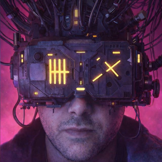 Ritratto cyberpunk di Luca Solano con visore luminoso